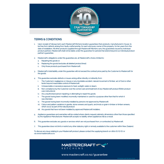 Mastercraft Kitchens Guarantee Card A4